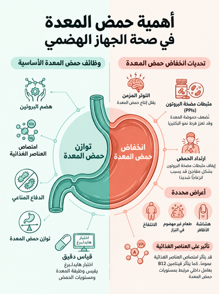 إنفوغرافيك يوضح أهمية حمض المعدة وتحديات انخفاضه في الجهاز الهضمي
